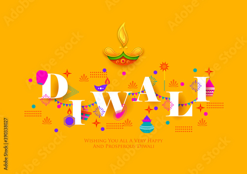 illustration of decorative holiday object on Happy Diwali background for light festival of India