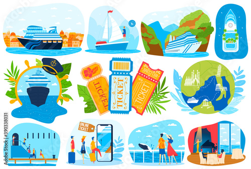 Cruise ship sea vacations set of vector illustration bundle. Summer marine travel in ocean. Passenger ocean liner, cruiser. Tropical island of palm tree. Sea voyage. Holiday on yacht, boat.