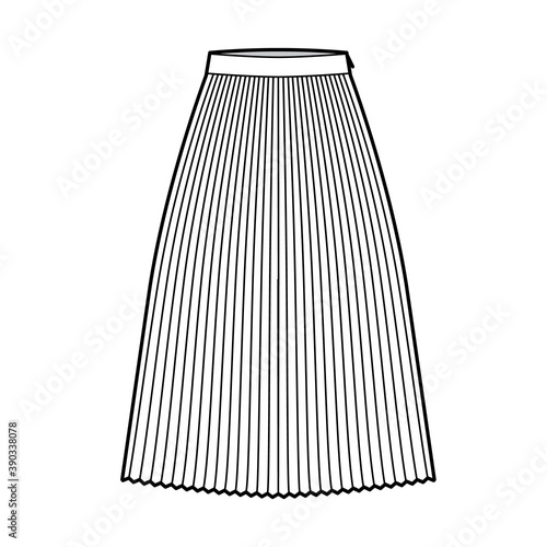 Skirt sunray pleat technical fashion illustration with below-the-knee midi length silhouette, circular fullness. Flat bottom template front, white color style. Women, men, unisex CAD mockup