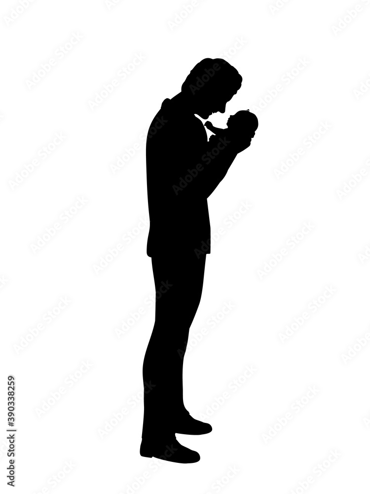 Silhouette happy father holding newborn baby in arms