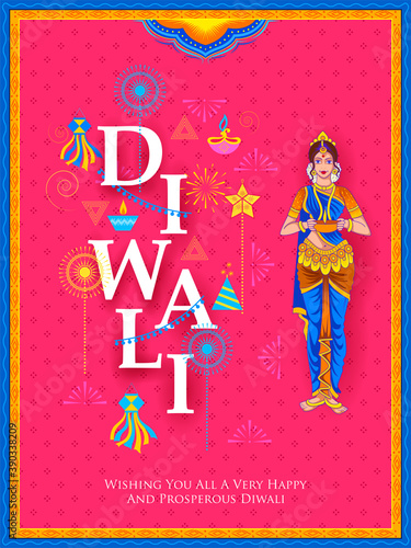 illustration of decorative holiday object on Happy Diwali background for light festival of India