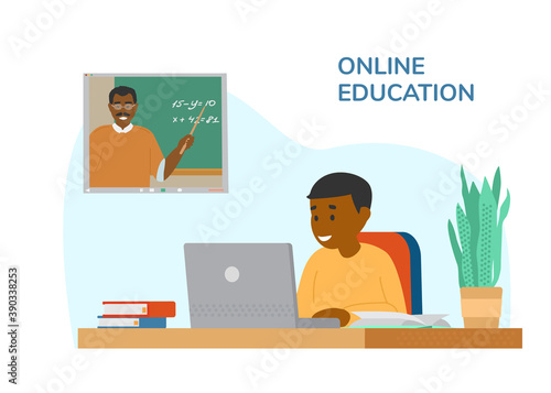 African American Boy Sitting At Desk In Front Of Laptop Learning Maths By Video Conference With Teacher. Online Or Distant Education. Study From Home. Flat Vector Illustration.