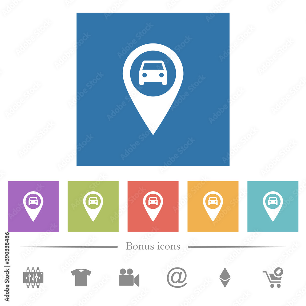 Vehicle GPS map location flat white icons in square backgrounds Vehicle GPS map location flat white icons in square backgrounds