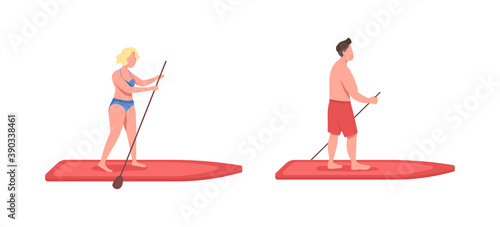 Standup paddleboarding flat color vector faceless character set. Sportsman on surfboard. Woman on board. Active lifestyle isolated cartoon illustration for web graphic design and animation collection