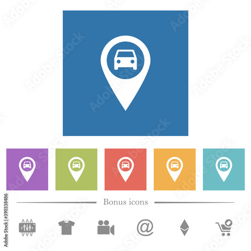 Vehicle GPS map location flat white icons in square backgrounds