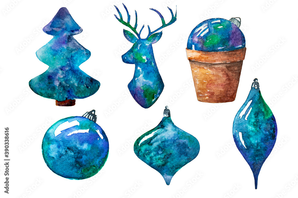 Watercolor drawing of christmas decoration isolated on white background. Handmade illustration of christmas tree and ornaments.