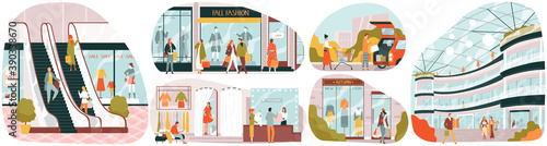 Fashion trends fall autumn, winter clothing set for infographic vector illustration. Fashionable style women and men in trendy clothes, in mall, on street, shopping. Fall fashionable collection.