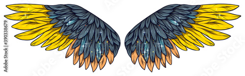 Beautiful magic glittery glowing grey yellow wings, vector