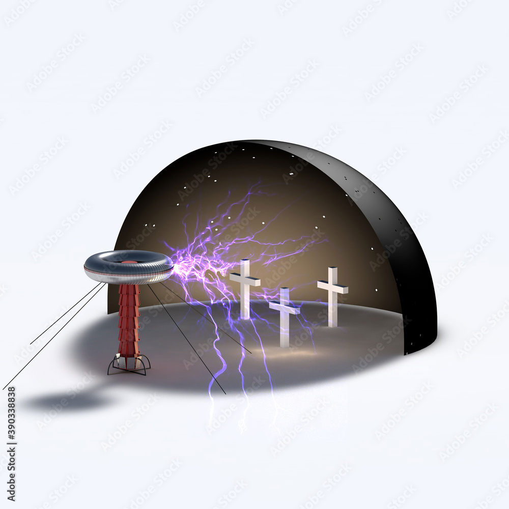3d tesla coil with transformer and sparks Stock Illustration | Adobe Stock