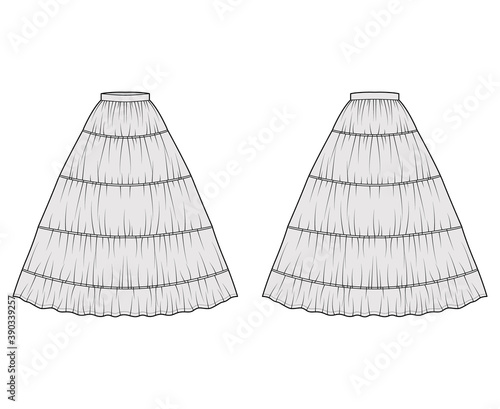Skirt petticoat for gown technical fashion illustration with maxi floor length silhouette, circular fullness. Flat undergarment bottom template front back grey color style. Women men unisex CAD mockup