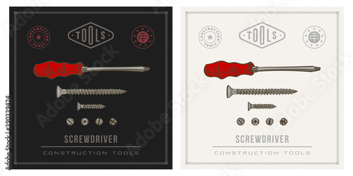 Red Screwdriver and screws retro tools illustration