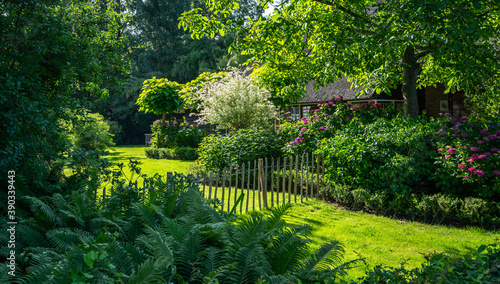 View of typical houses of Giethoorn  Netherlands. The beautiful houses and gardening. Landscape view of famous Giethoorn village with canals and rustic thatched roof houses in farm area.