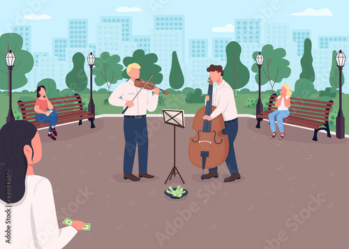 Street music band flat color vector illustration. Violin and cello players earn money. Musical instrument concert outdoor. Classical musicians 2D cartoon characters with urban park on background