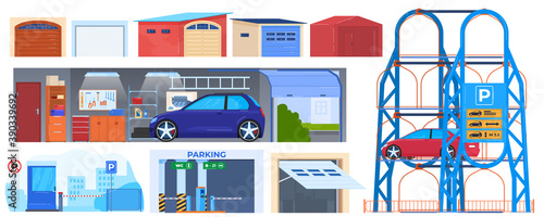 Garage door, parking buildings for cars isolated vector illustrations. Automatic doors for auto, parking sign. Automobille repair service garage. City construction with shutter , roller wall.