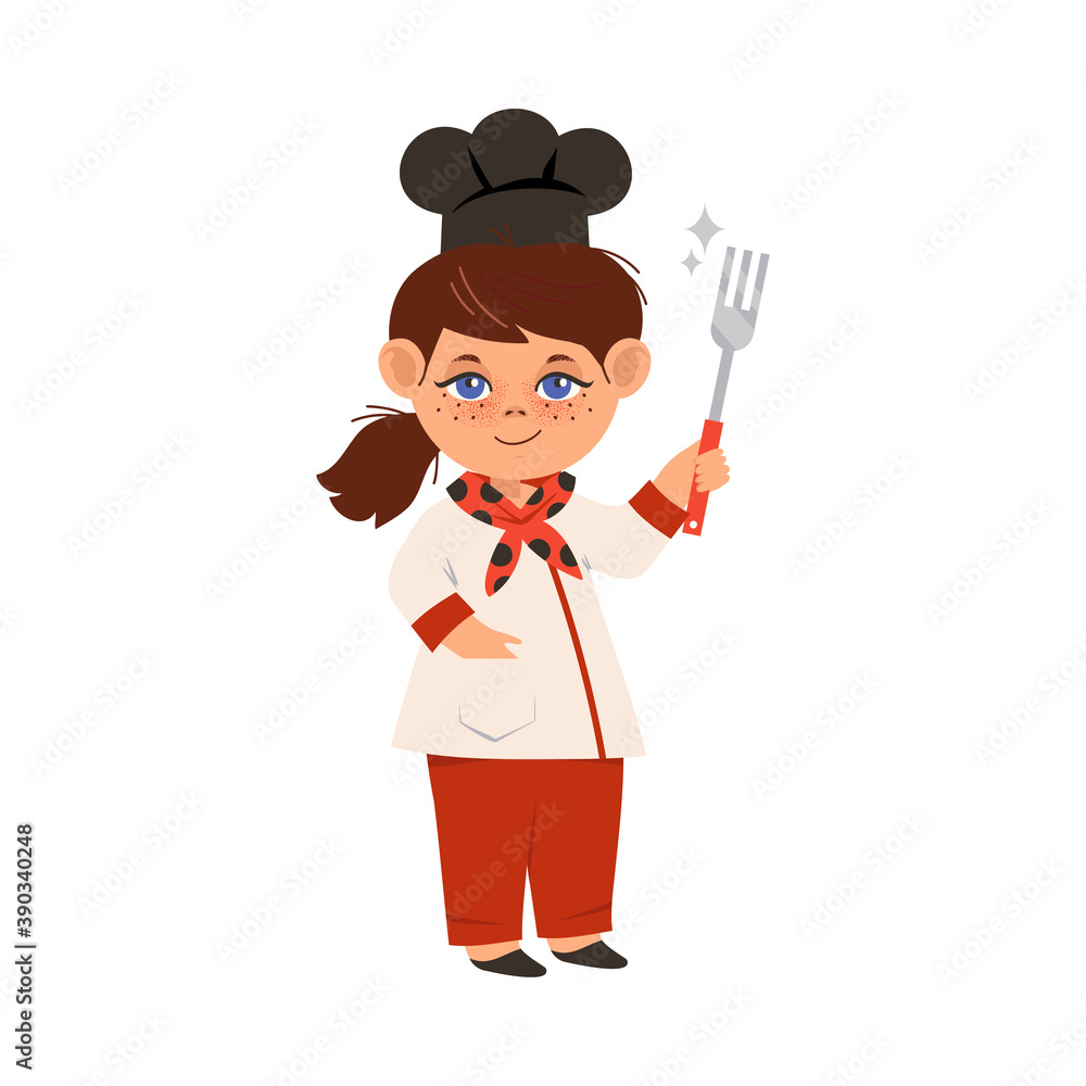 Smiling Girl Wearing Toque and Jacket Holding Fork Vector Illustration Smiling Girl Wearing Toque and Jacket Holding Fork Vector Illustration