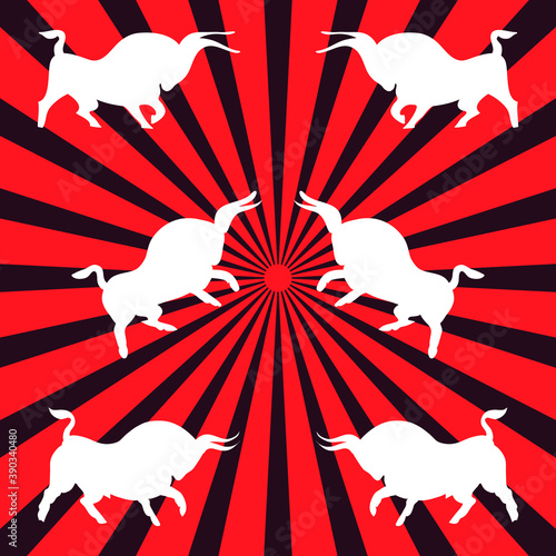 Three pairs of white bulls. Dynamic wild bulls attack each other. Angry animals. Side view. Hand-drawn evil buffaloes. Spanish bullfight. Vector flat illustration on red and black rays background.