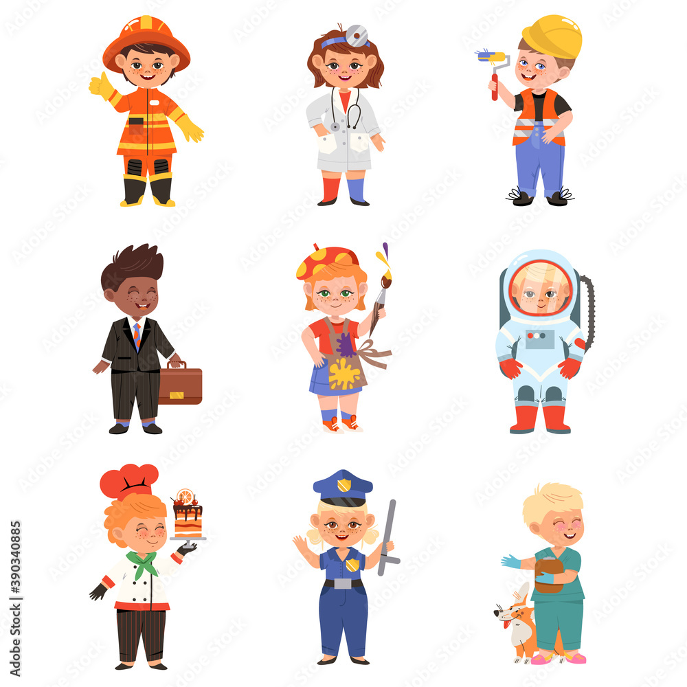 Cheerful Children Depicting Different Professions Like Doctor and Firefighter Vector Set