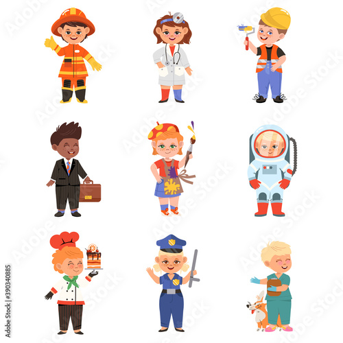 Cheerful Children Depicting Different Professions Like Doctor and Firefighter Vector Set