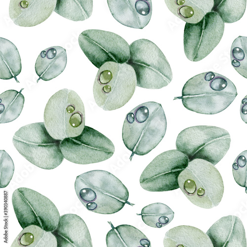 Seamless pattern with eucalyptus leaves, dew drops. Handmade watercolor illustration. Design for wedding background, template, invitation, fabric, wallpaper, wrapping