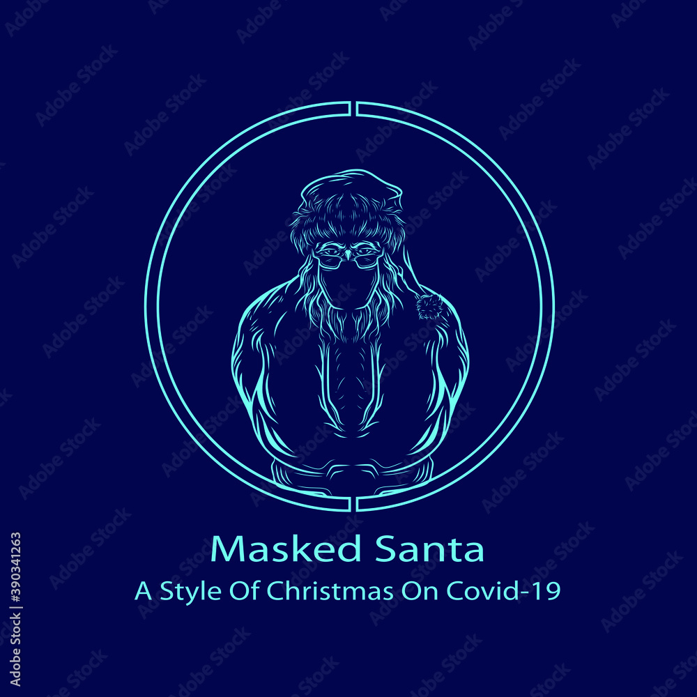 Mask santa on pandemic covid19 line pop art portrait colorful design with dark background. Abstract vector illustration. New Graphic Style