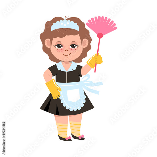 Little Girl in Chambermaid Costume Holding Duster Brush Vector Illustration