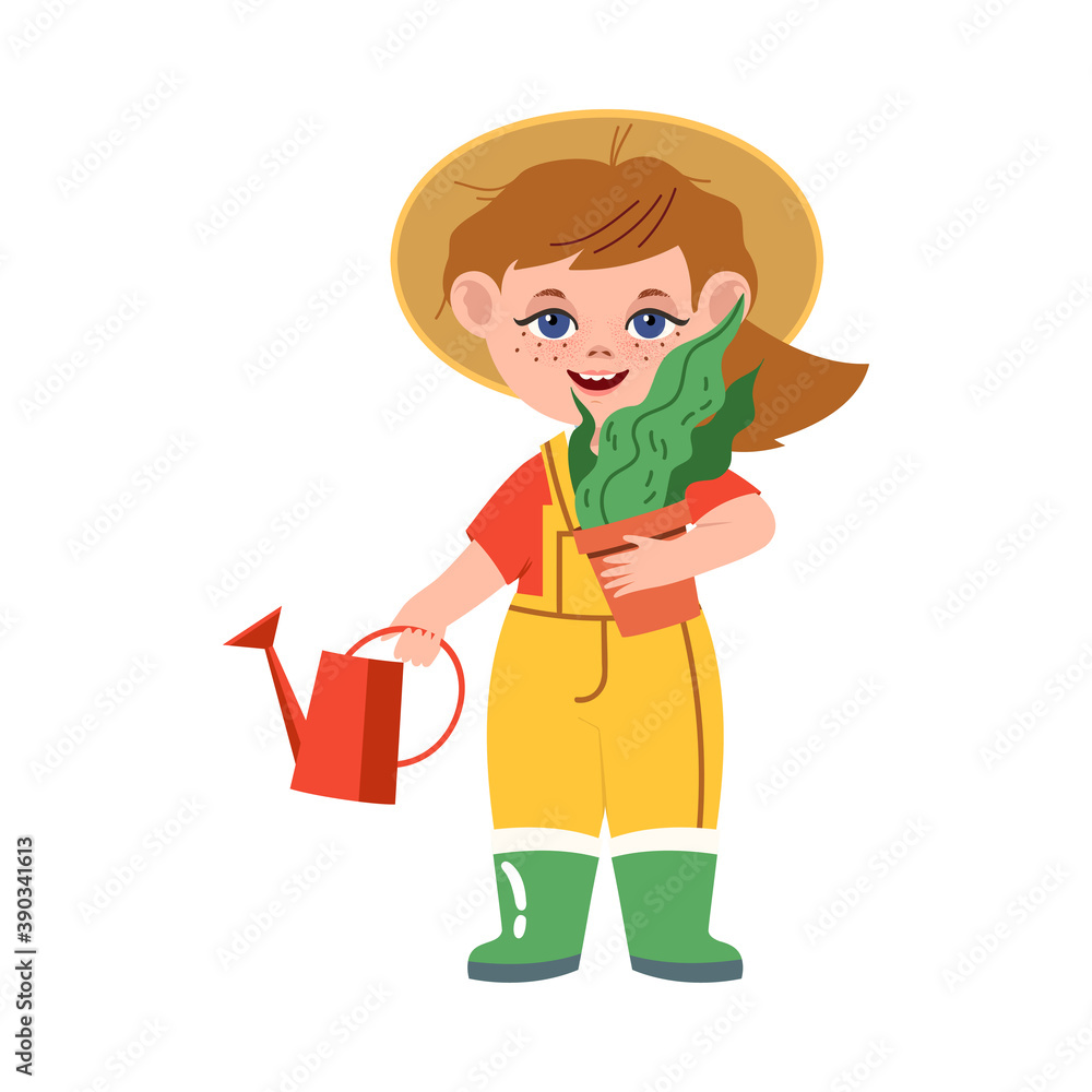 Funny Boy in Overall Engaged in Gardener or Farmer Occupation Vector Illustration