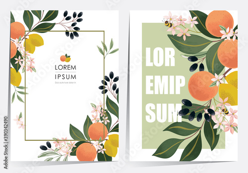 Vector illustration of a beautiful floral frame set with fruits. Design for cards, party invitation, Print, Frame Clip Art and Business Advertisement and Promotion