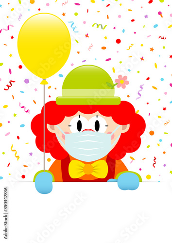 Rothaariger Clown Hält Gelben Luftballon Banner Luftschlangen Und Konfetti