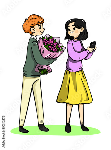 Couple with bouquet of flowers. Color flat vector illustration isolated
