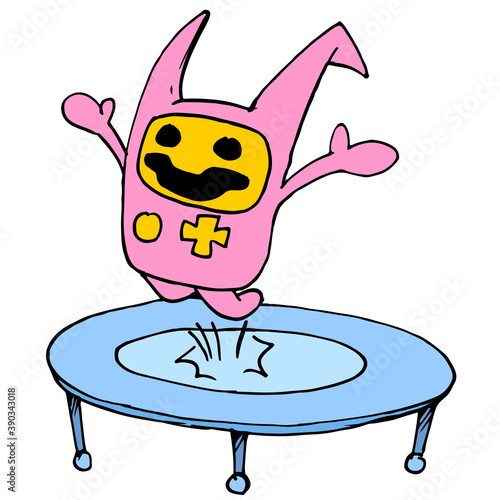 cute creature is jumping on the trampoline