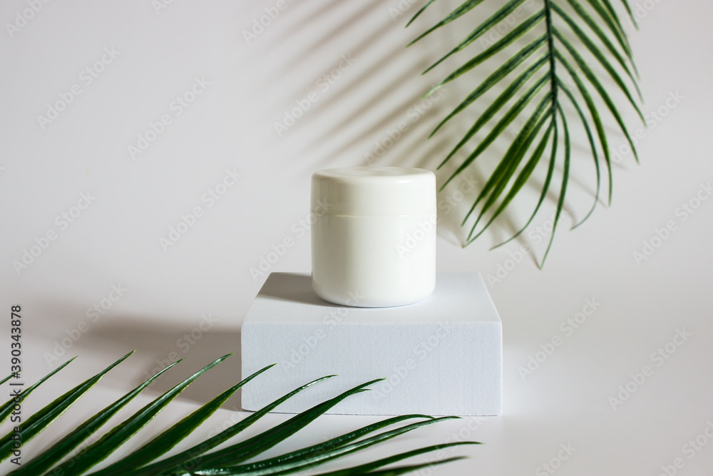 white rectangular box with shadows on a light white background. White plastic cream jar. For cosmetics or cosmetology background. stand for advertising beauty products. eucalyptus plant leaf white rectangular box with shadows on a light white background. White plastic cream jar. For cosmetics or cosmetology background. stand for advertising beauty products. eucalyptus plant leaf