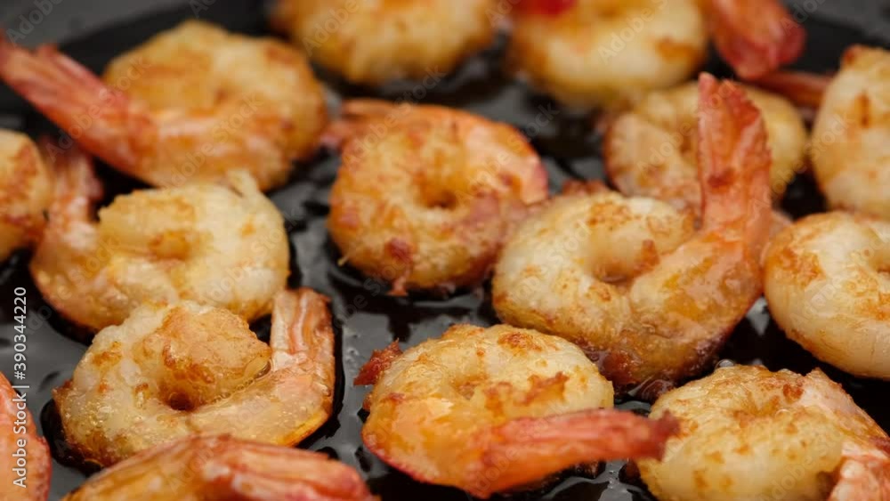 frying shrimps top view, close up frying shrimps top view, close up
