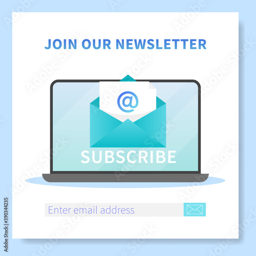Subscribe to our newsletter web banner template. Laptop with opened browser page and envelope with new letter. Mail marketing, correspondence service delivery registration banner