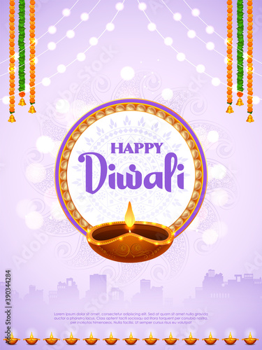 illustration of decorative burning oil diya on Happy Diwali Holiday background for light festival of India