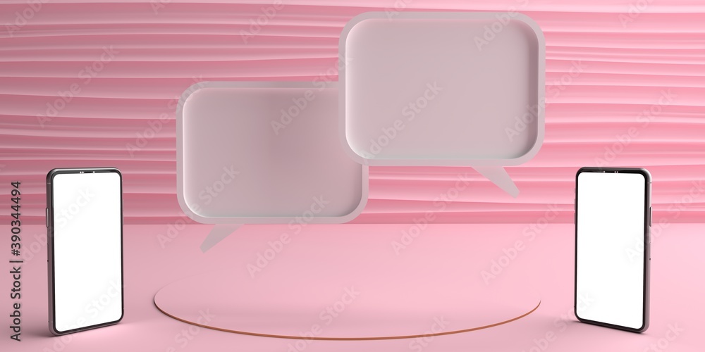 3D Render of Smartphone white screen facing each other and above, there is white space for written messages and for chatting and adding text. Isolated on the pink wall into waves scene background. 3D Render of Smartphone white screen facing each other and above, there is white space for written messages and for chatting and adding text. Isolated on the pink wall into waves scene background.