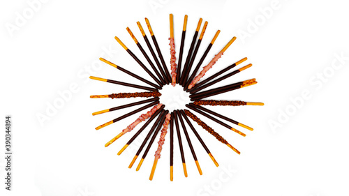 Close-up of Pepero chocolate sticks of various flavors in a round shape. Isolated on white background. Original, Strawberry Flavored, Crunchy. For Pepero Day, a day for gifts to loved ones.