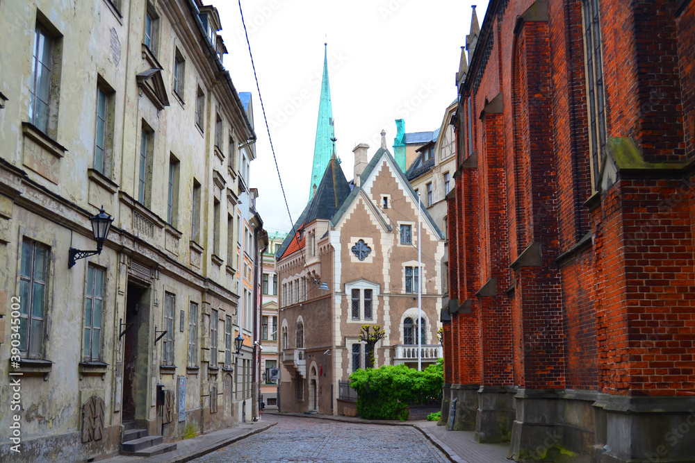 Empty street with historic buildings in the Old Town of Riga, Latvia, Baltic States