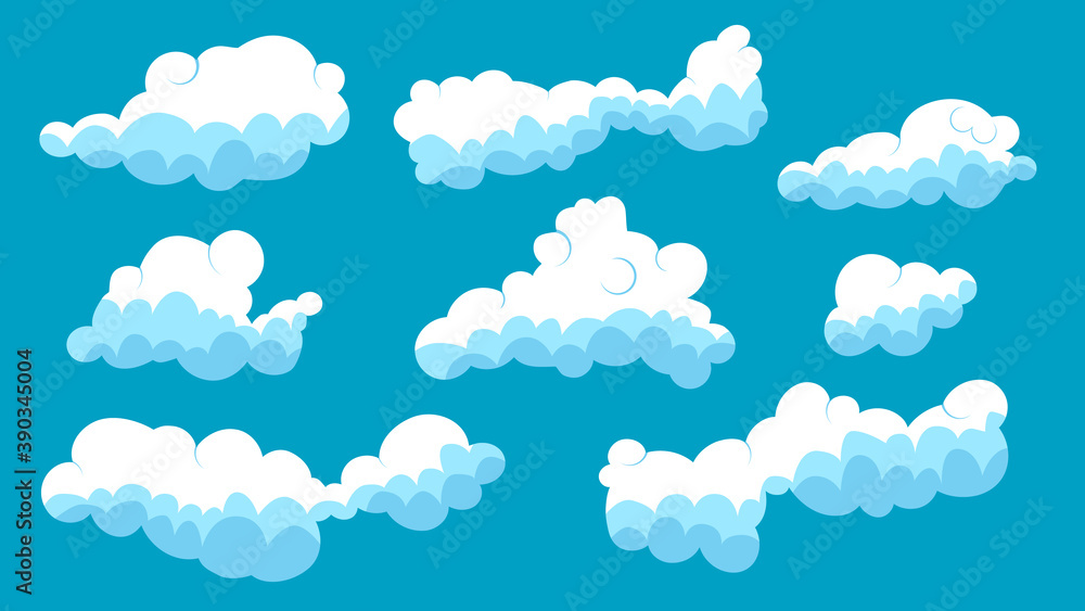 Set of blue sky, abstract cartoon clouds. Different shapes and size clouds icons are in blue sky. Vector illustration Set of blue sky, abstract cartoon clouds. Different shapes and size clouds icons are in blue sky. Vector illustration