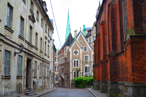 Empty street with historic buildings in the Old Town of Riga  Latvia  Baltic States