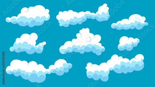 Set of blue sky, abstract cartoon clouds. Different shapes and size clouds icons are in blue sky. Vector illustration