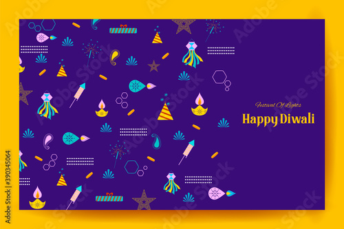 illustration of decorative holiday object on Happy Diwali background for light festival of India