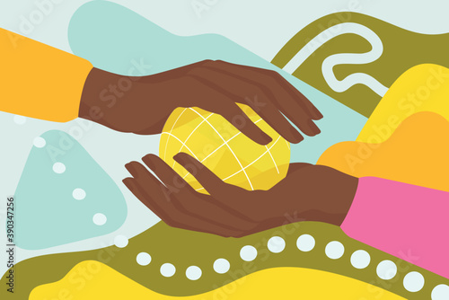 Two black female hands holding small globe, collaborating, sharing & preserving earth. Beloved community inspired illustration with playful, colorful background.