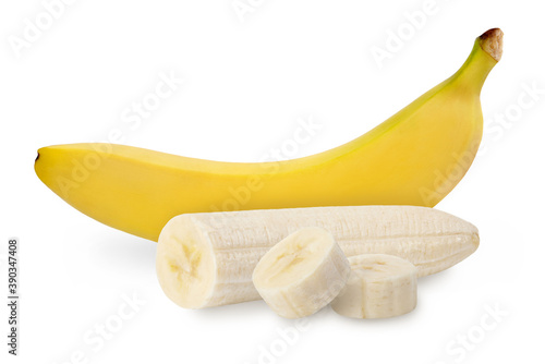 Whole and sliced banana isolated on white background. Full depth of field.