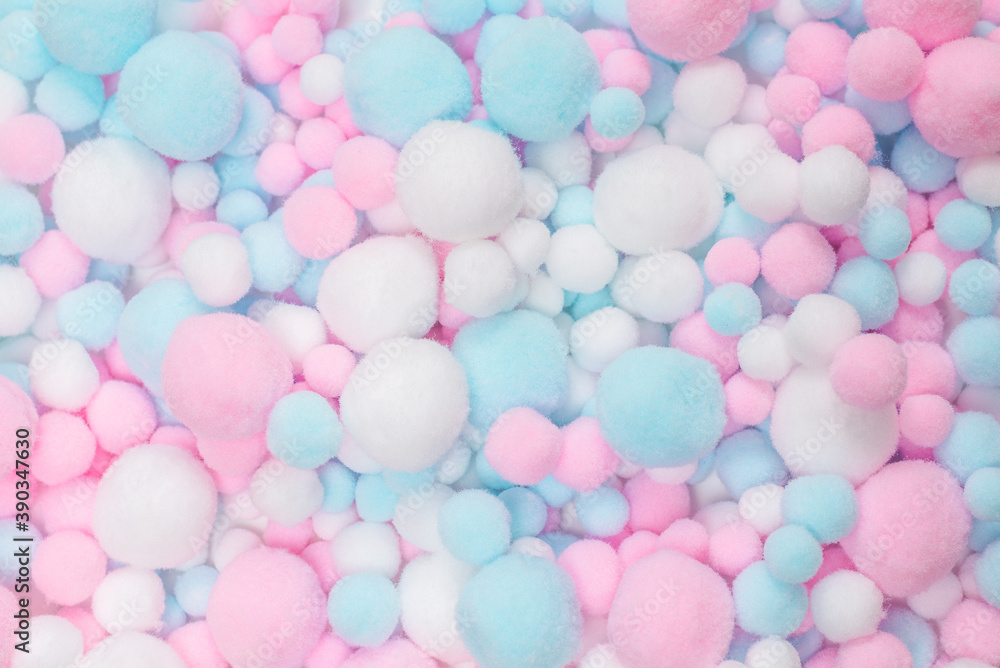 White, pink and blue soft pompons. White, pink and blue soft pompons.
