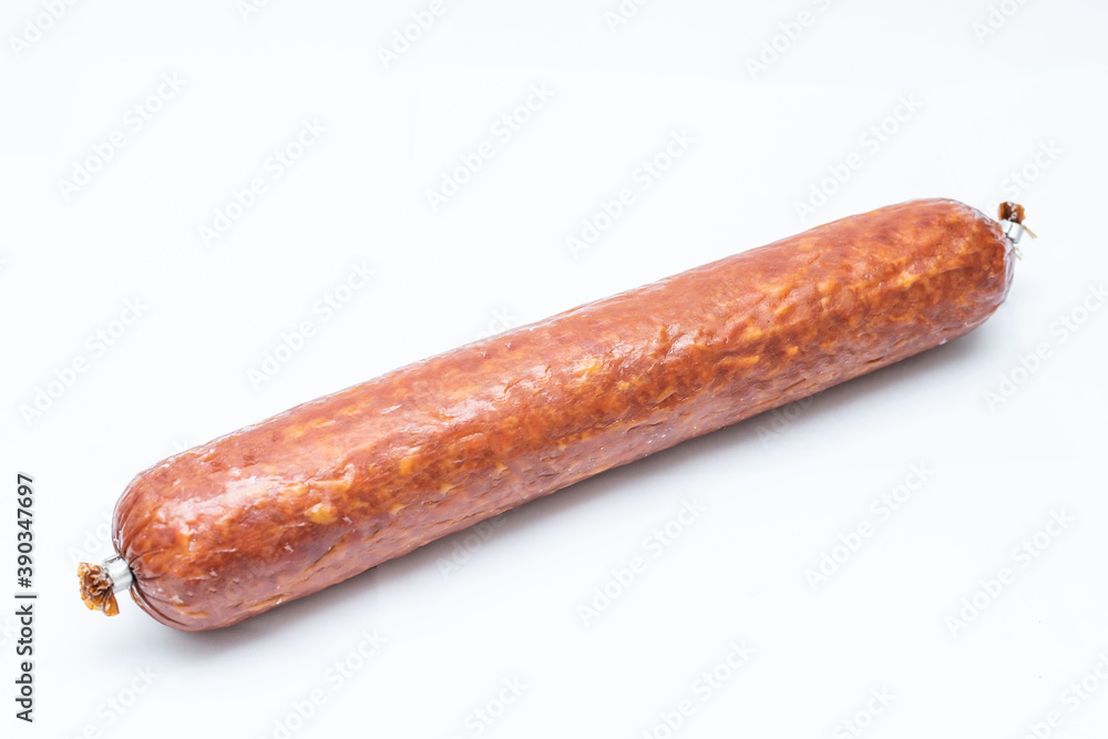 Smoked sausage. Top view. Isolated on a white. Smoked sausage. Top view. Isolated on a white.