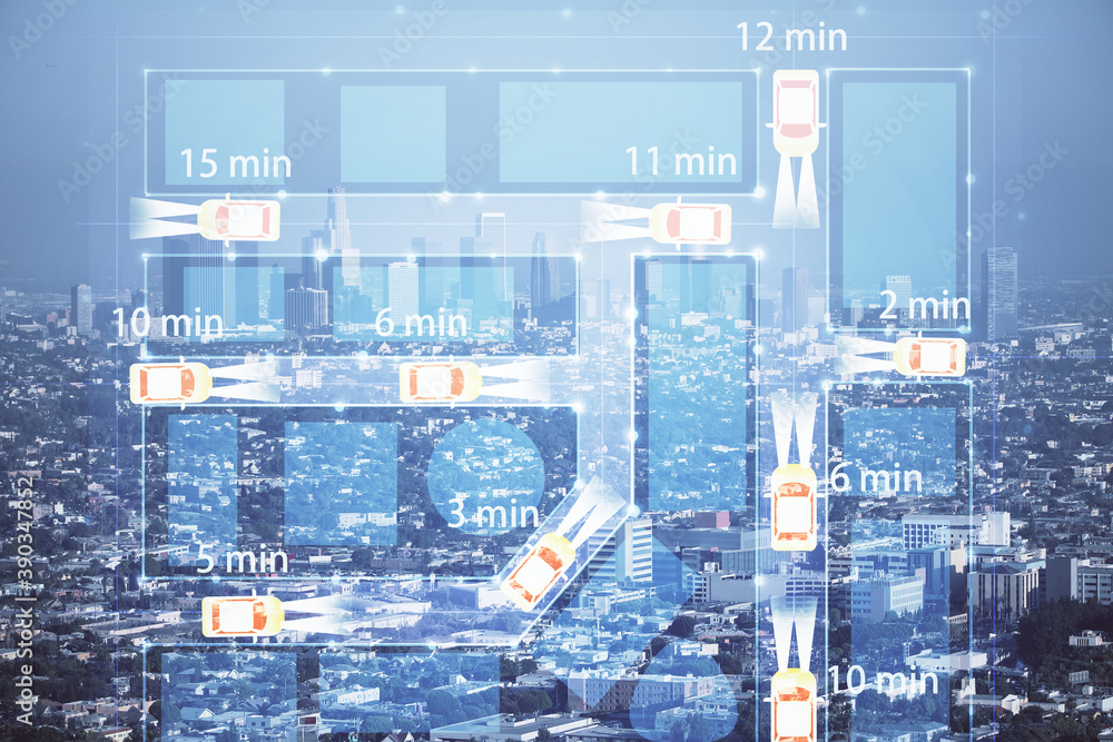 Double exposure of transport theme hologram drawing and city view background. Concept autopilot. Double exposure of transport theme hologram drawing and city view background. Concept autopilot.