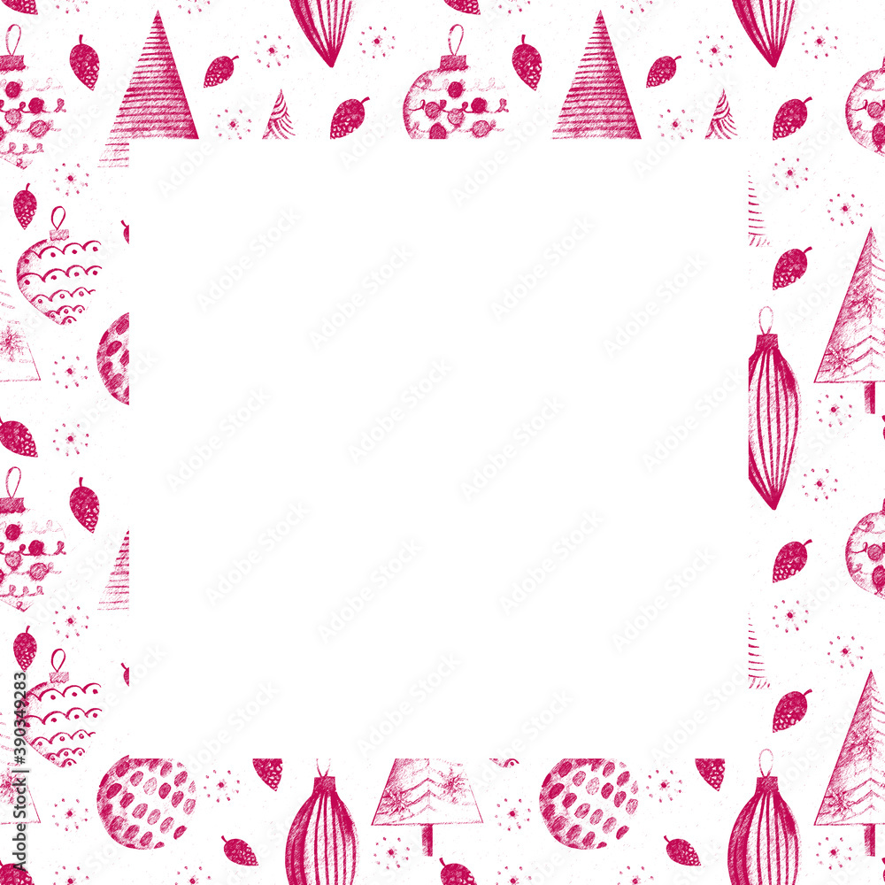Gift frame with Christmas attributes. New Year's toys. Balls, trees, snowflakes. Gift frame with Christmas attributes. New Year's toys. Balls, trees, snowflakes.