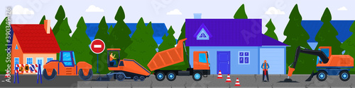 Road construction vector illustration. Cartoon flat worker people working with tractor truck compactor paving machine, repairing public asphalt street highway, construct repair roadwork background