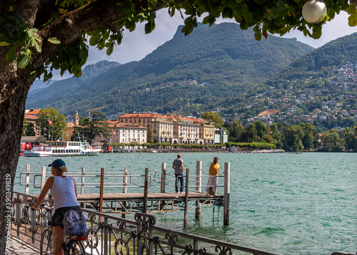 Panoramic viewof the lake of Lugano with Mt. Bre in the background