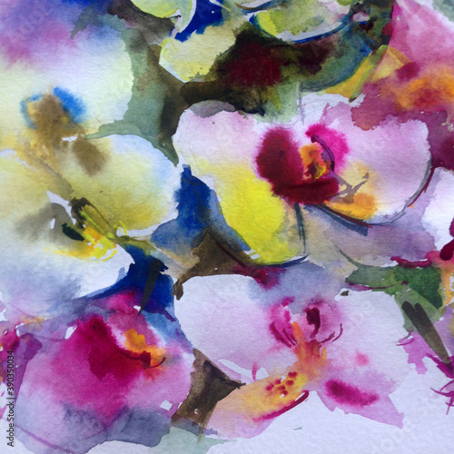 Abstract bright colored decorative background . Floral pattern handmade . Beautiful tender romantic bouquet of orchid flowers , made in the technique of watercolors from nature.